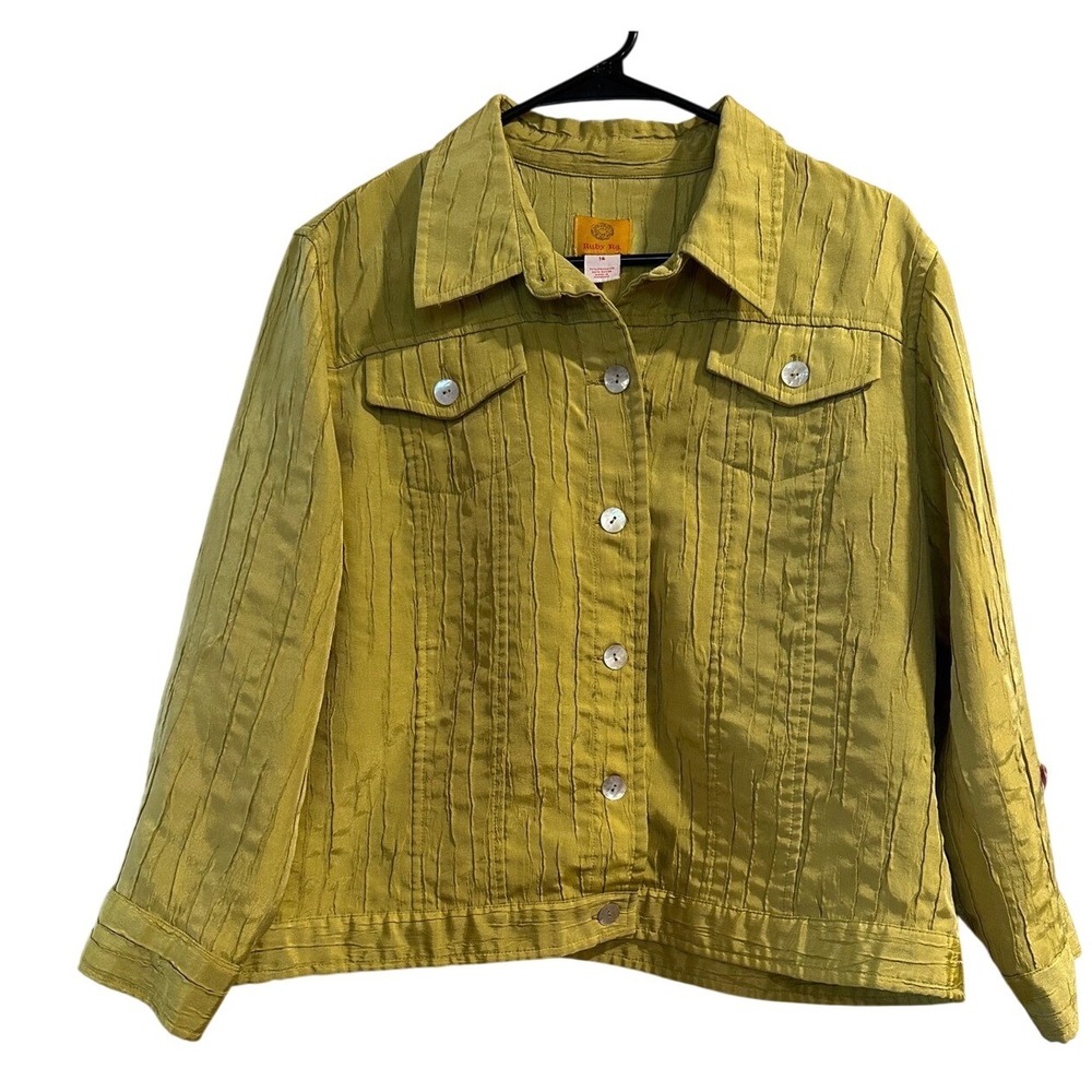 Ruby Rd Womens Chartreuse Yellow Green Crinkle Texture Button Front Jacket Sz 16